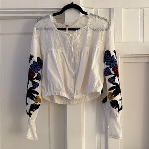 Free People Ivory Blouse with Colorful Floral Embroidery